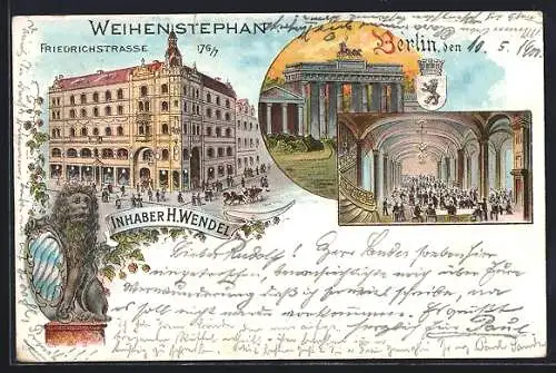 Lithographie Berlin, Restaurant Weihenstephan, Festsaal, Brandenburger Tor, Friedrichstrasse 176-177