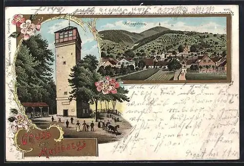 Lithographie Zwingenberg / Hessen, Totalansicht, Partie am Aussichtsturm