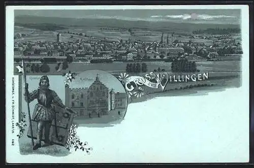 Mondschein-Lithographie Villingen / Schwarzwald, Romeius mit Hellebarde und Schild, Rathhaus, Totalansicht