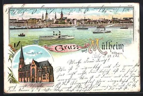 Lithographie Mülheim / Rhein, Dampfer vor dem Ort, Rheinfischer