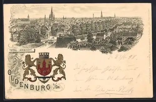 Passepartout-Lithographie Oldenburg / O., Totalansicht aus der Vogelschau, Wappen