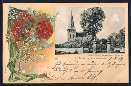 Passepartout-Lithographie Oldenburg / O., Kirchhofslinde und Blick zur Kirche, Wappen