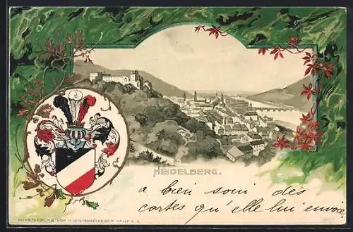 Passepartout-Lithographie Heidelberg / Neckar, Stadtansicht und Stadtwappen