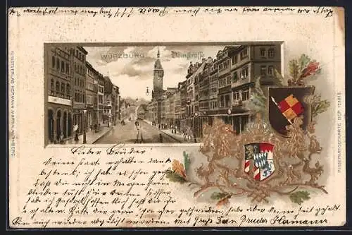 Passepartout-Lithographie Würzburg, Blick in die Domstrasse, geprägtes Wappen