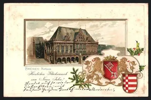 Passepartout-Lithographie Bremen, Am Rathaus und Wappen