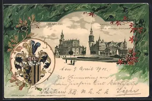 Passepartout-Lithographie Dresden, Kath. Kirche und Kgl. Schloss, Ortswappen