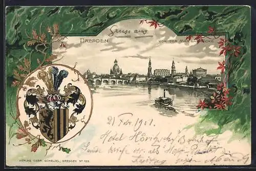 Passepartout-Lithographie Dresden, Teilansicht mit Dampfboot von der Marienbrücke, Wappen