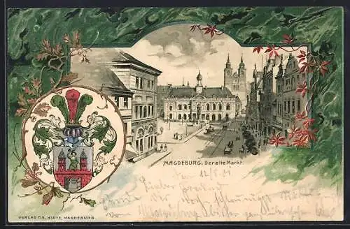 Passepartout-Lithographie Magdeburg, Der alte Markt, Wappen und Eichenzweig