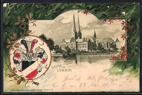 Passepartout-Lithographie Lübeck, Kirche vom Ufer aus, Wappen