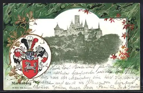 Passepartout-Lithographie Pattensen / Leine, Blick auf Schloss Marienburg, Wappen