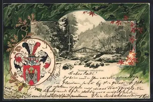 Passepartout-Lithographie Triebthal, Blick auf den Loreleysteg, Wappen