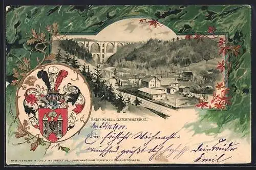 Passepartout-Lithographie Barthmühle / Vogtland, Elsterthalbrücke mit Ortsansicht, Wappen