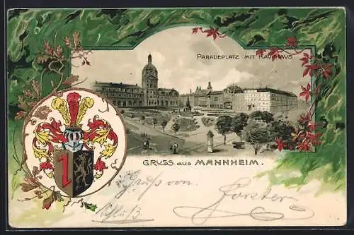 Passepartout-Lithographie Mannheim, Paradeplatz mit Kaufhaus, Wappen