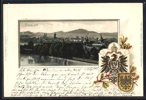 Passepartout-Lithographie Goslar, Gesamtansicht mit Wappen