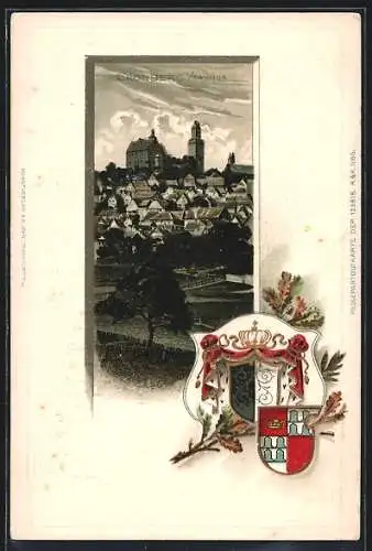 Passepartout-Lithographie Cronberg i. Taunus, Teilansicht mit Burg, Wappen und Eichenzweig