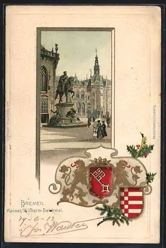 Passepartout-Lithographie Bremen, Kaiser Wilhelm Denkmal, Wappen