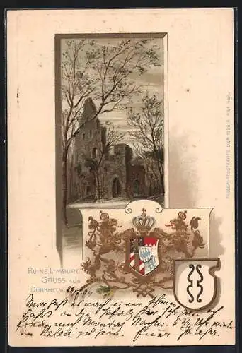 Passepartout-Lithographie Dürkheim, Ruine Limburg, Wappen und Eichenzweig