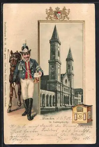 Passepartout-Lithographie München, St. Ludwigskirche mit Briefträger und Wappen