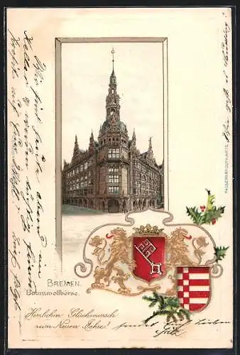 Passepartout-Lithographie Bremen, Darstellung der Baumwollbörse, Wappen