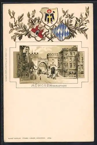 Passepartout-Lithographie München, Karlstor, Wappen