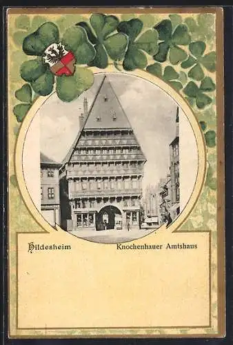 Passepartout-Lithographie Hildesheim, Knochenhauer Amtshaus, Glücksklee, Wappen