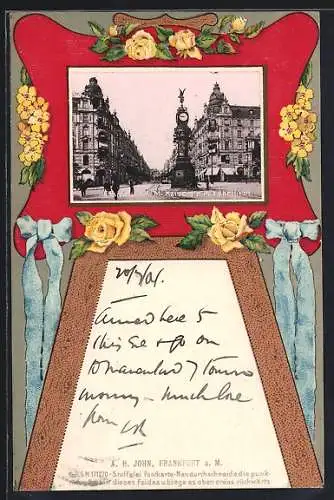 Passepartout-Lithographie Frankfurt a. M., Kaiserstrasse mit Uhrturm, Staffelei mit Blumen