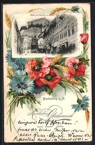 Passepartout-Lithographie Blankenburg a. H., Blick auf Schloss und Kirche, Mohnblüten und Kornblumen