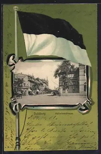 Passepartout-Lithographie Duisburg, Hotel deutsches Haus in der Mülheimerstrasse, Gehisste Fahne