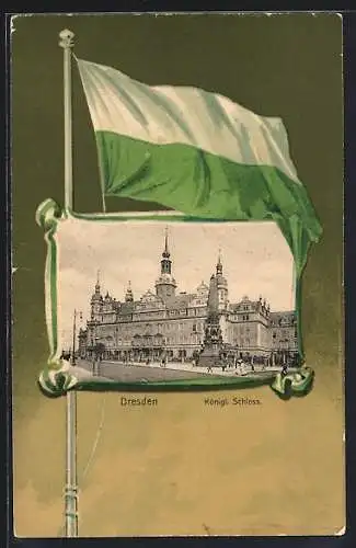Passepartout-Lithographie Dresden, Königliches Schloss mit Denkmal, Gehisste Fahne