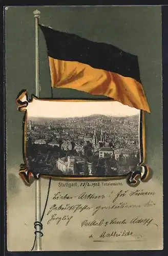 Passepartout-AK Stuttgart, Totalansicht aus der Vogelschau, Fahne