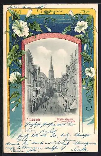 Passepartout-Lithographie Lübeck, Breitestrasse mit Jacobikirche, Weisse Winden auf blauem Hintergrund