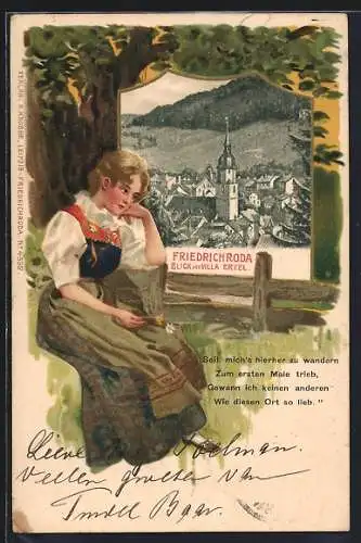 Passepartout-Lithographie Friedrichroda, Blick von Villa Ertel, Dame in Tracht unter einem Baum