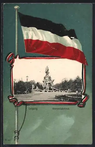 Passepartout-Lithographie Leipzig, Partie am Bismarckdenkmal, Gehisste Reichsfahne