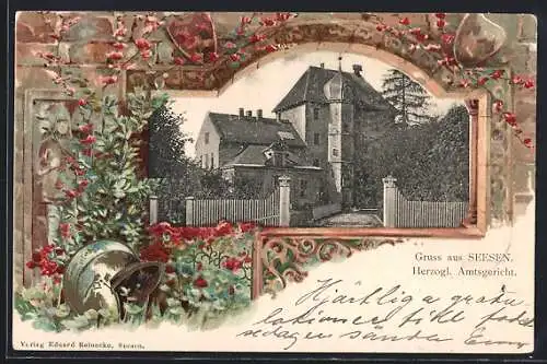 Passepartout-Lithographie Seesen, Herzogliches Amtsgericht, Burgmauer mit Ritterhelm