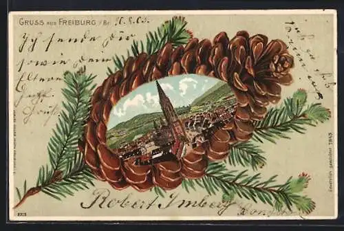 Passepartout-Lithographie Freiburg i. Br., Ansicht vom Münster auf Tannenzapfen