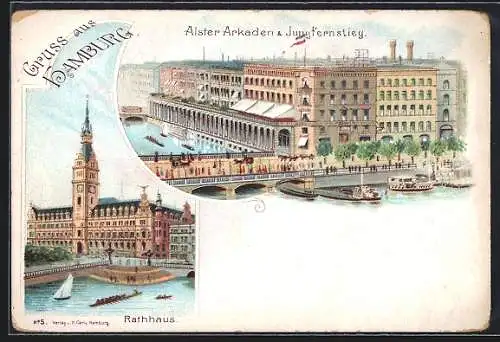 Lithographie Hamburg, Rathaus, Alster-Arkaden und Jungfernstieg