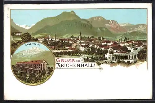 Lithographie Bad Reichenhall, Totalansicht aus der Vogelschau, Gradirhaus