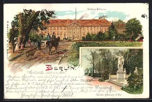 Lithographie Berlin-Tiergarten, vor dem Schloss Bellevue, das Denkmal Albrecht d. Bär