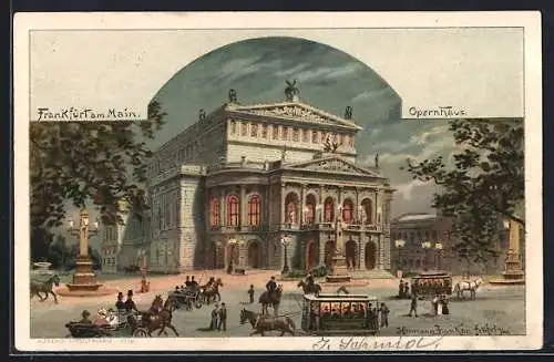 Lithographie Frankfurt /Main, Pferdebahn vor dem Opernhaus am Abend