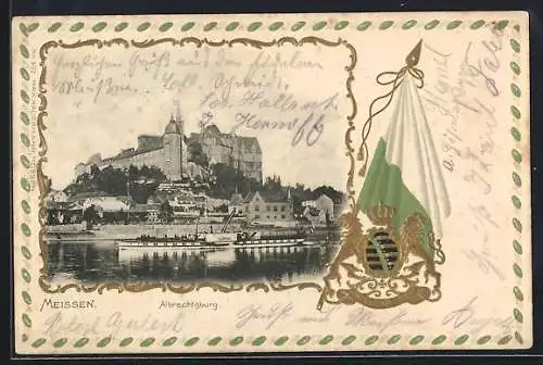 Passepartout-Lithographie Meissen, Albrechtsburg mit Wappen und Fahne