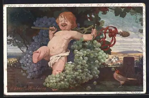 Künstler-AK Gustav Ernst: Pfälzer Wein, 1912er, Cupido