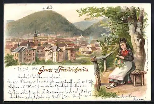 Lithographie Friedrichroda, Ortsansicht mit sitzender Frau in thüringischer Tracht mit Blumenkranz