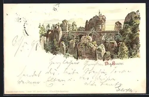Lithographie Lohmen / Sächsische Schweiz, Blick auf die Bastei