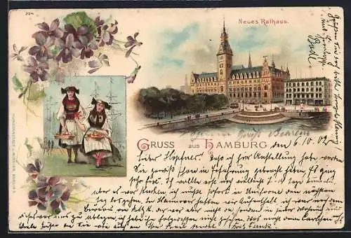 Lithographie Hamburg, Neues Rathaus und zwei Mädchen in Vierländerinnen-Tracht