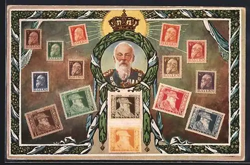 AK Prinzregent Luitpold von Bayern, Briefmarken, Krone