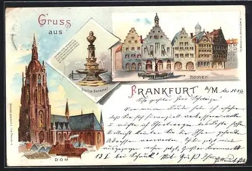 Lithographie Alt-Frankfurt, Dom, Römer, Stoltze-Denkmal