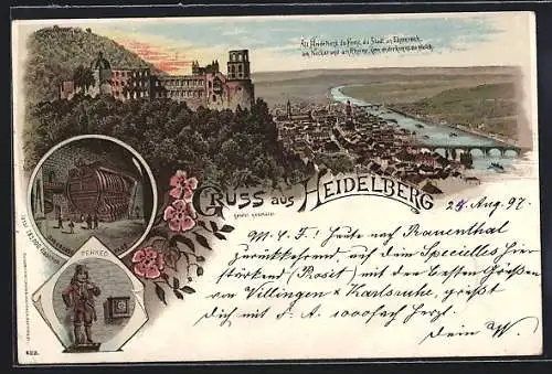 Lithographie Heidelberg, Stadtansicht, Das grosse Fass, Perkeo