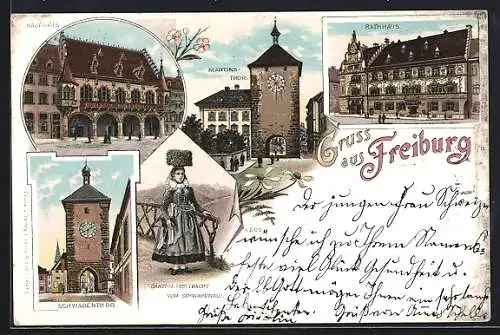 Lithographie Freiburg i.B., Martinstor, Schwabentor, Rathaus & Kaufhaus