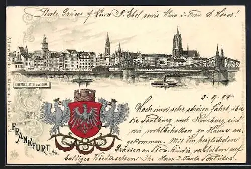 Lithographie Alt-Frankfurt, Eiserner Steg und Dom, Dampfer, Wappen