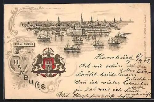 Lithographie Hamburg, Gesamtansicht mit Stadtwappen